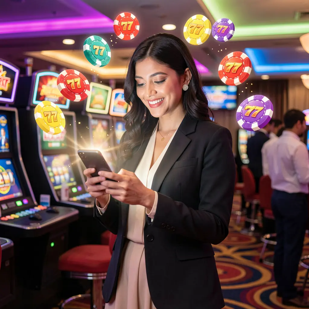 YATRI 77 App – A secure and user friendly mobile casino for players in Nepal Confident Nepali woman using the YATRI 77 casino app on her phone with glowing chips and slot symbols floating around her