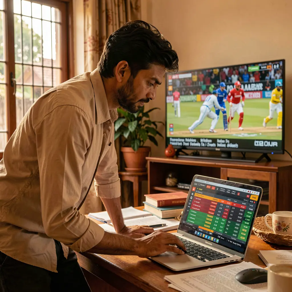 Focused Nepali sports bettor using a laptop with live cricket odds on YATRI 77 while watching match highlights on TV in a cozy room