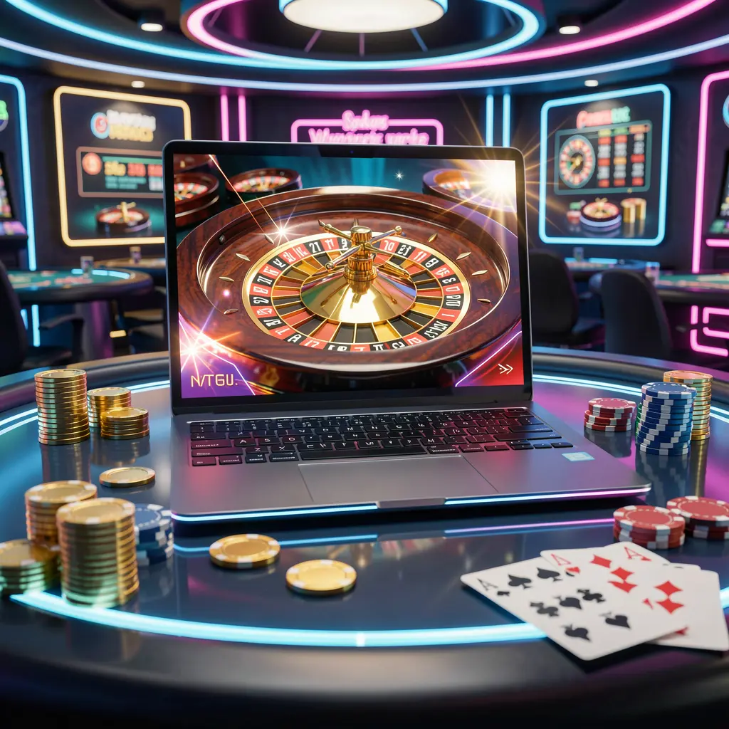 Futuristic online roulette interface on a sleek laptop with glowing casino chips showcasing the high tech gaming style of YATRI 77 casino for Nepal