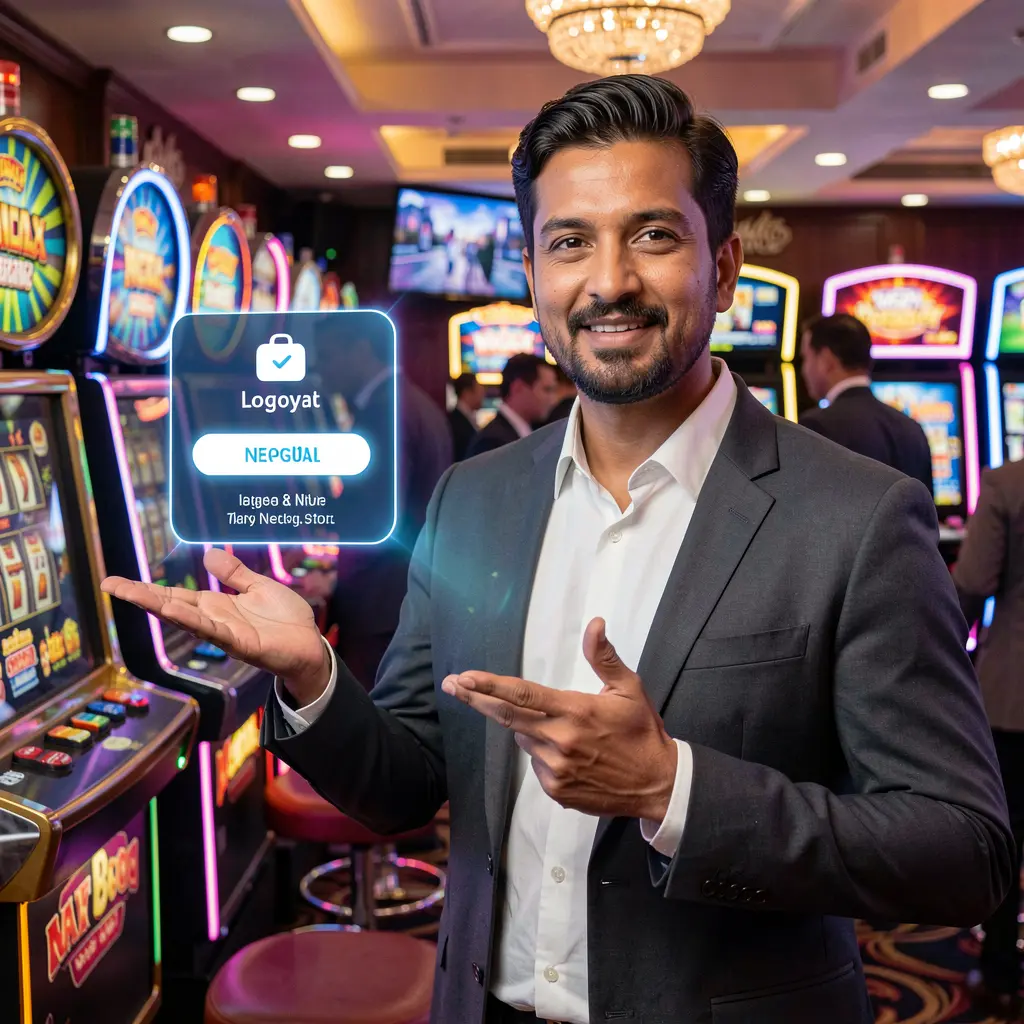 YATRI 77 Login – Fast and secure account access for players in Nepal Smiling YATRI 77 casino ambassador pointing toward a floating holographic login button in a futuristic casino scene for Nepal